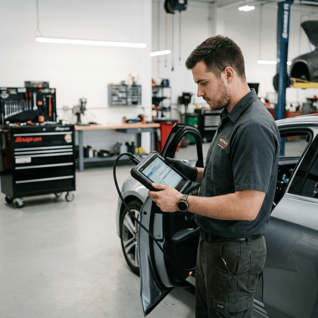 Technician performing advanced diagnostics on a vehicle