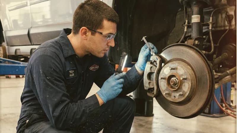 Technician performing suspension and steering inspection for a Frenchtown commuter vehicle